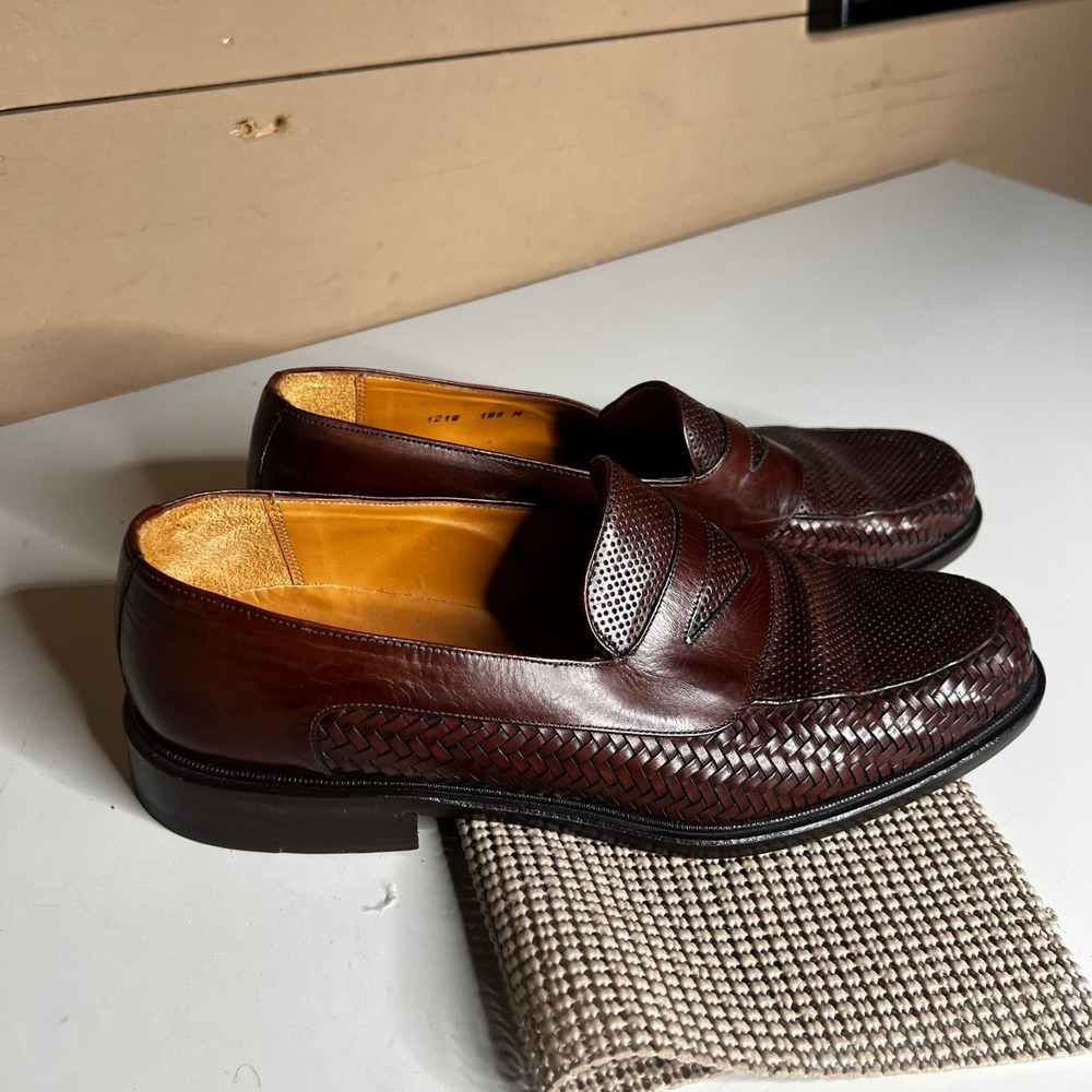 Mezlan Mens Woven Perforated Leather Penny Loafers Brown 1218 9.5 M Spain